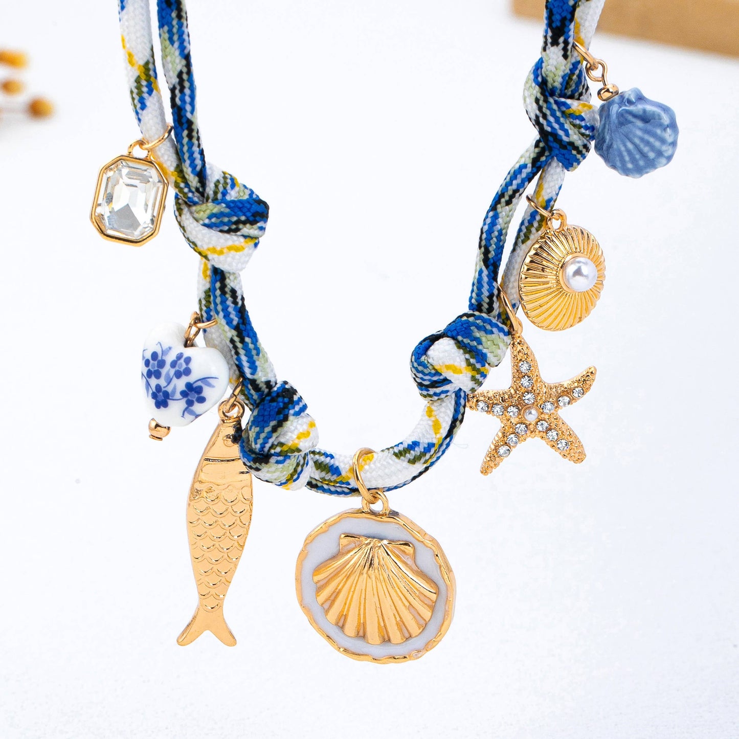 ROPE CHARM NECKLACE-STARFISH SEASHELL CLOISONNE |