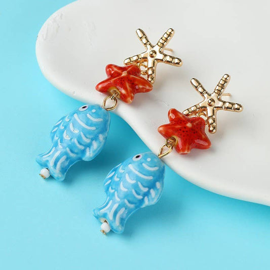 Under the Sea Ceramic Fish & Starfish Drop Earrings | 40E538