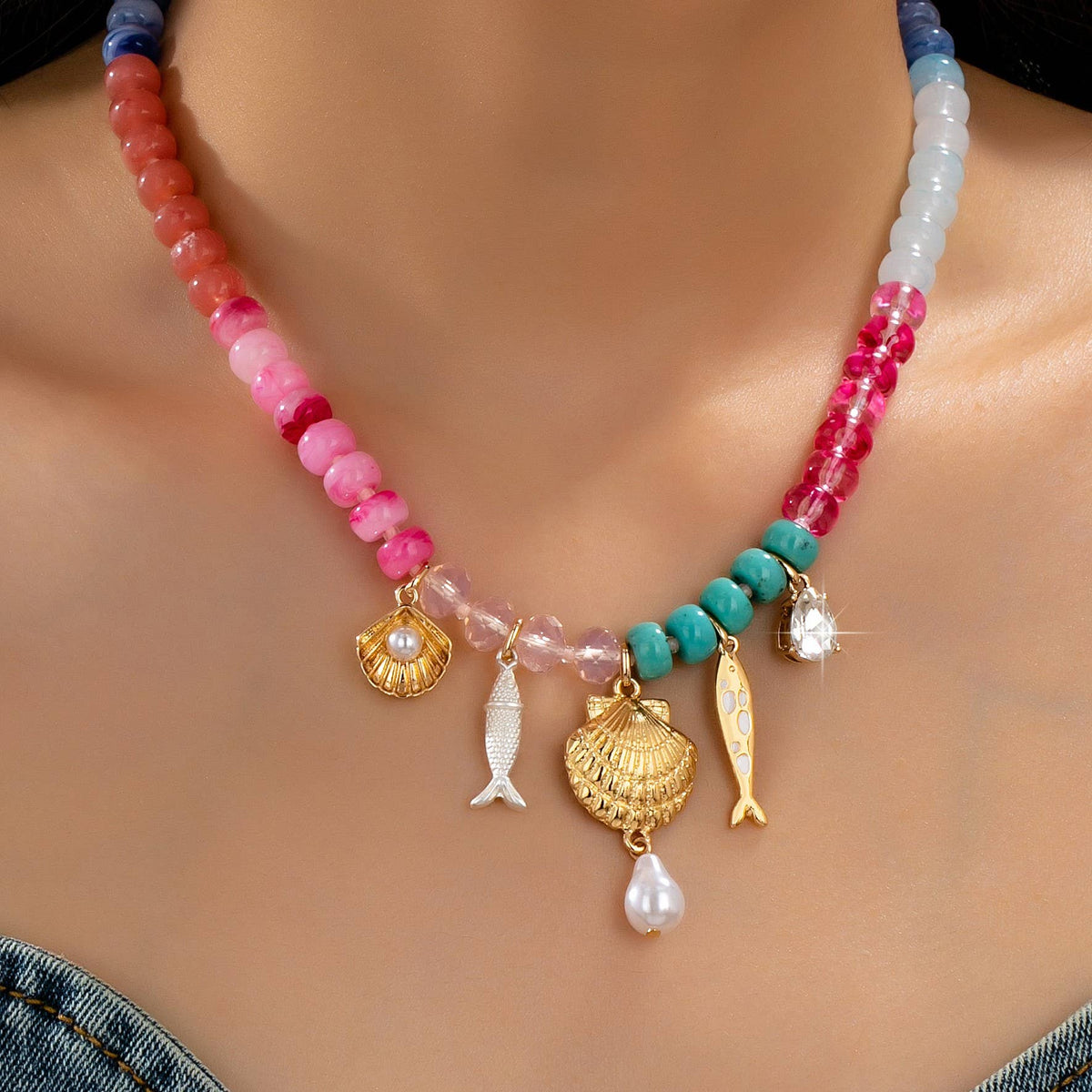 Nautical Multi-Color Beaded Charm Necklace | 80N92901