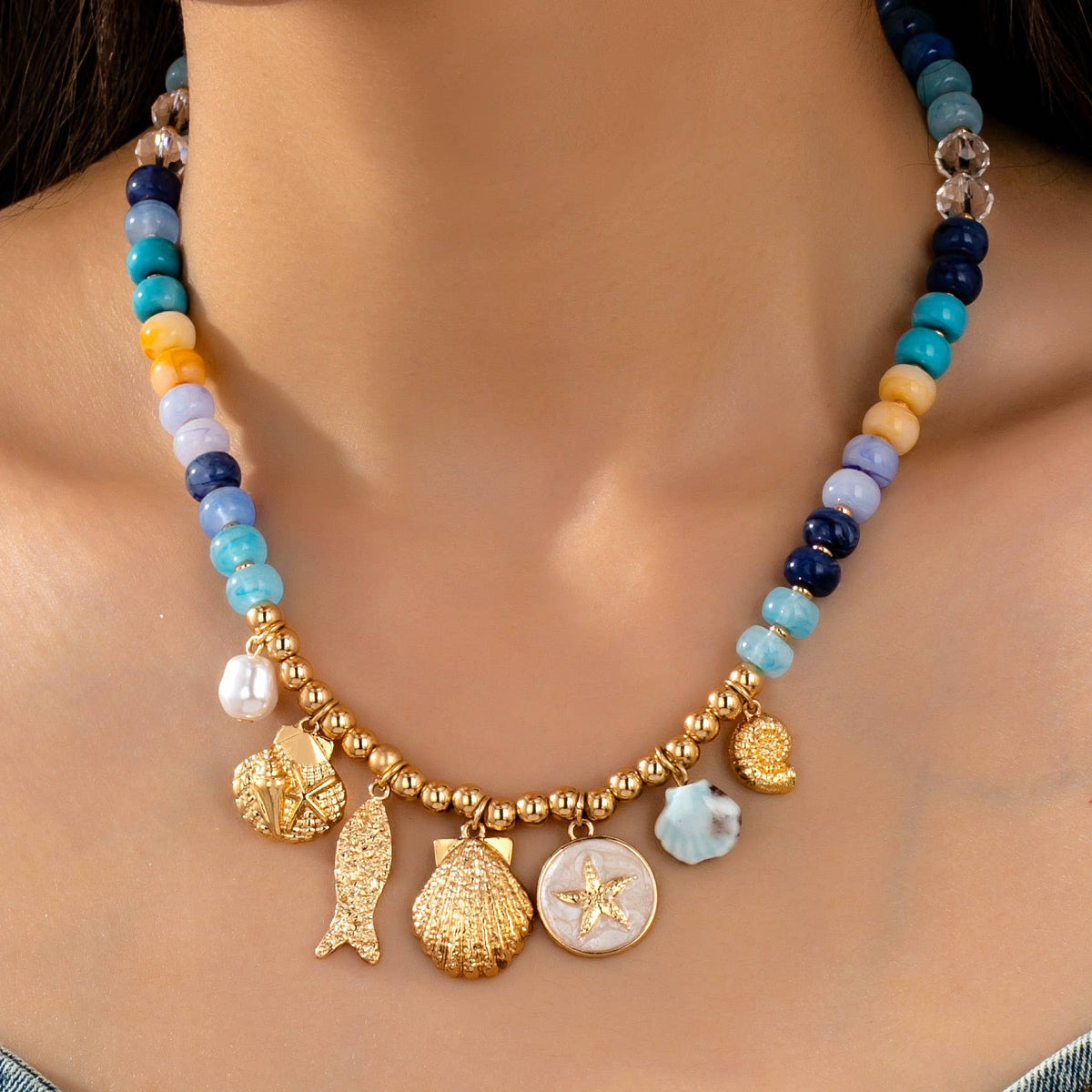 Nautical Blue Beaded Sealife Charm Necklace | 80N92927