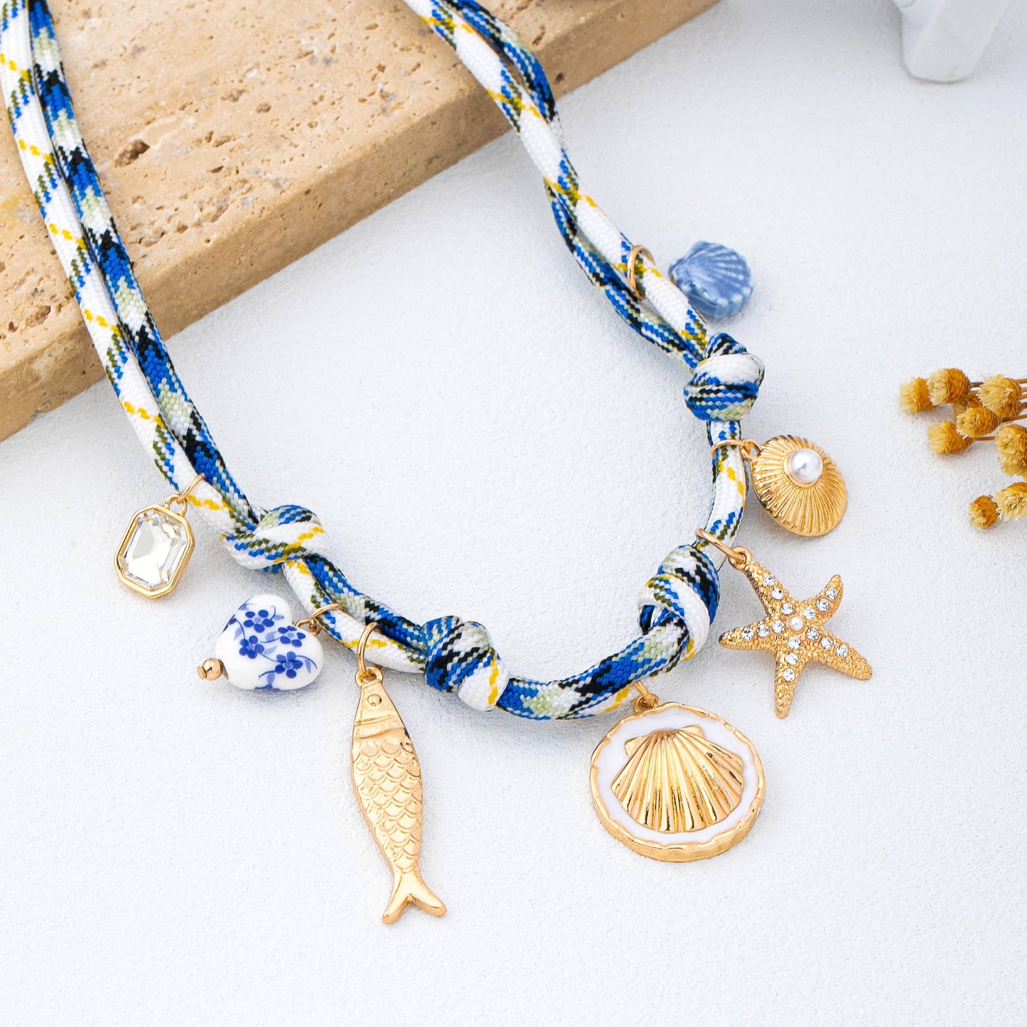 ROPE CHARM NECKLACE-STARFISH SEASHELL CLOISONNE |