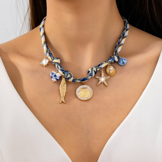ROPE CHARM NECKLACE-STARFISH SEASHELL CLOISONNE |