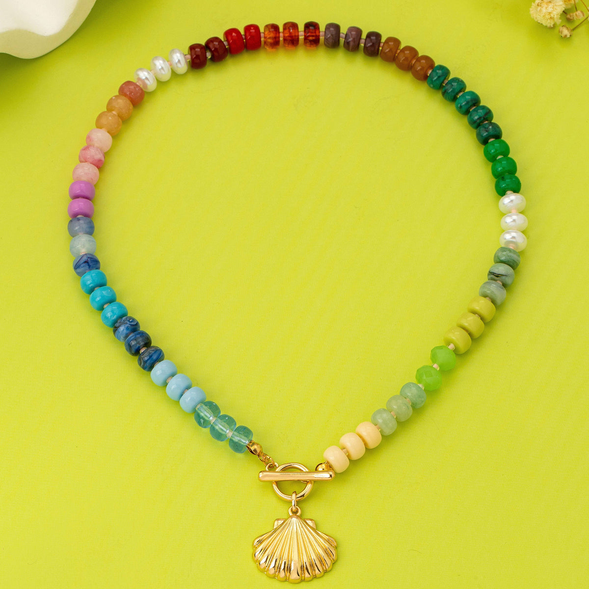 Rainbow Beaded Seashell Charm Necklace | 80N92899