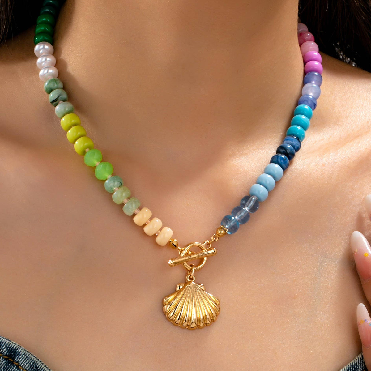 Rainbow Beaded Seashell Charm Necklace | 80N92899