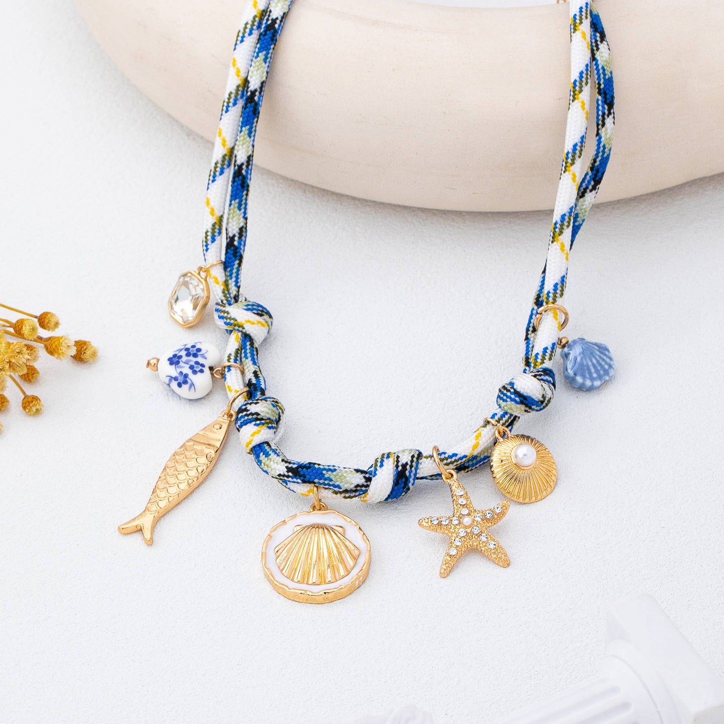 ROPE CHARM NECKLACE-STARFISH SEASHELL CLOISONNE |