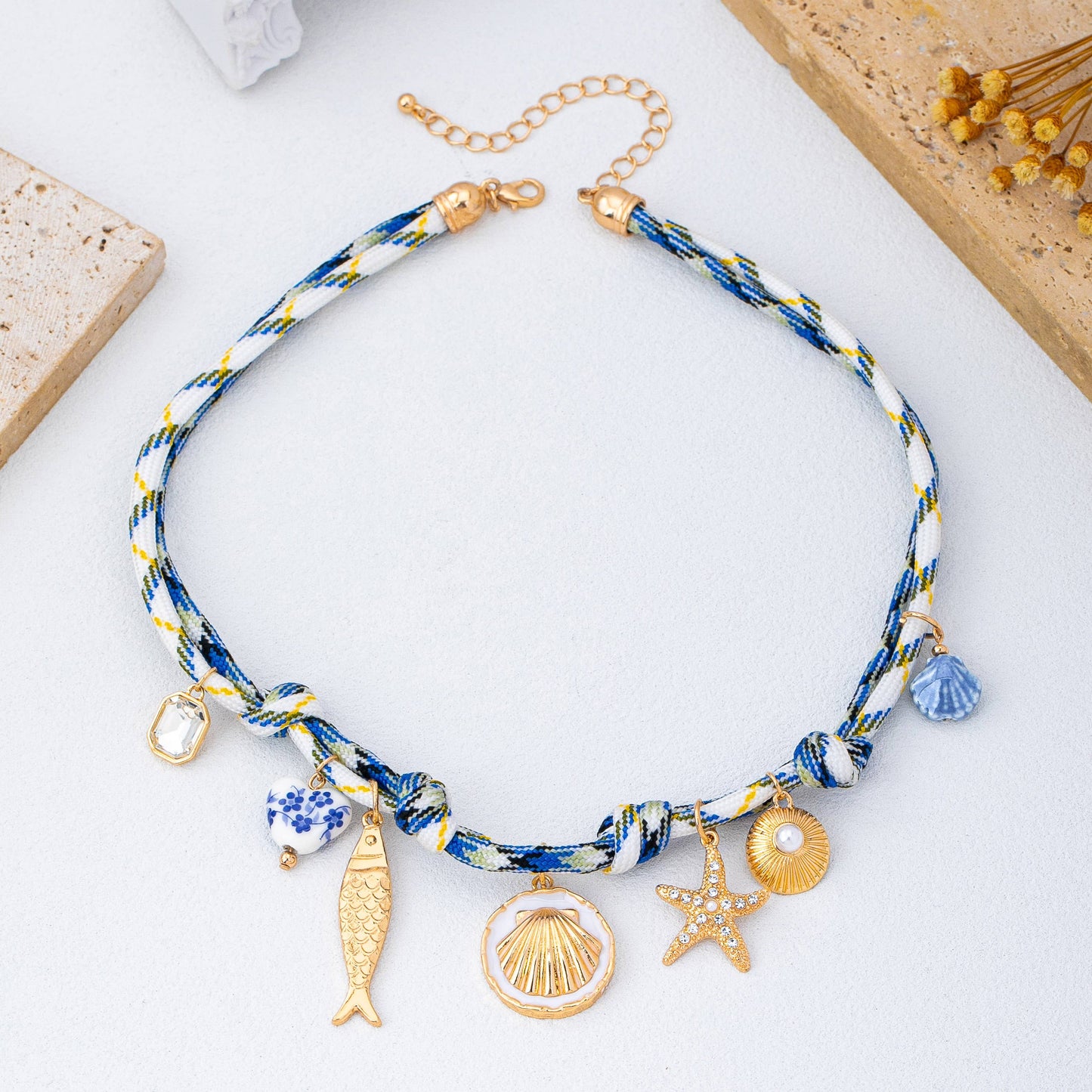 ROPE CHARM NECKLACE-STARFISH SEASHELL CLOISONNE |